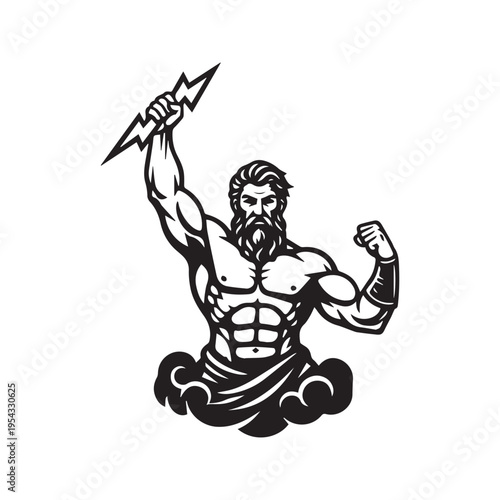 Powerful Greek god Zeus holding a lightning bolt black and white silhouette vector
