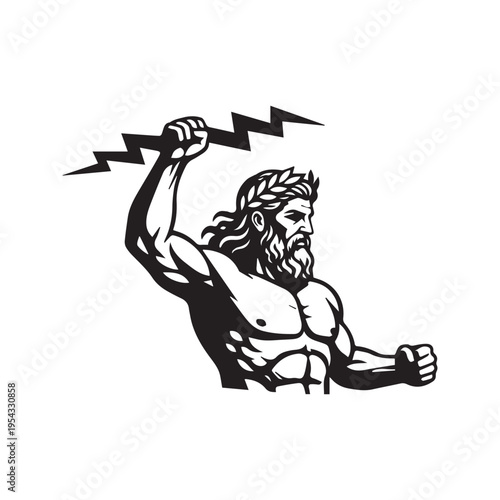 Powerful Greek god Zeus holding a lightning bolt black and white silhouette vector
