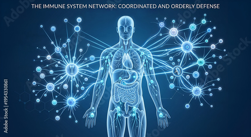 Human Immune System Anatomy with Cellular Network, Coordinated Defense Concept.