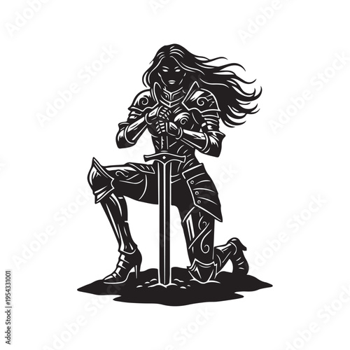 Black and white silhouette vector illustration of a medieval queen knighting a kneeling knight with a sword
