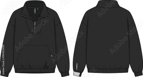 Mens black quarter zip pullover sweatshirt with kangaroo pocket front and back view mockup casual long sleeve apparel vector