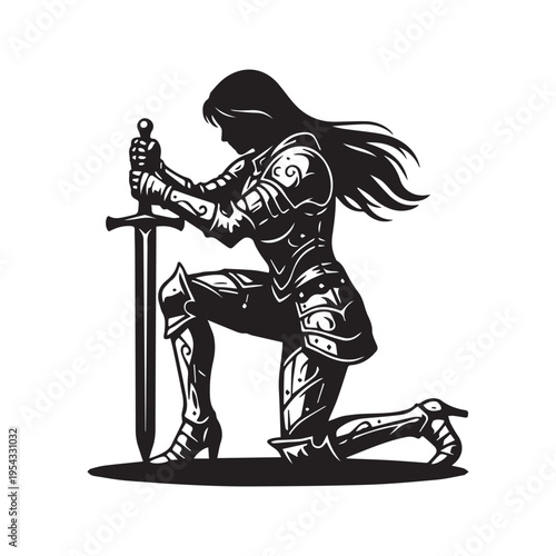 Black and white silhouette vector illustration of a medieval queen knighting a kneeling knight with a sword
