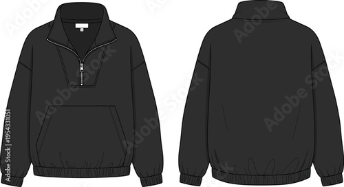Mens black quarter zip pullover sweatshirt with pocket front and back view mockup casual long sleeve apparel vector illustration