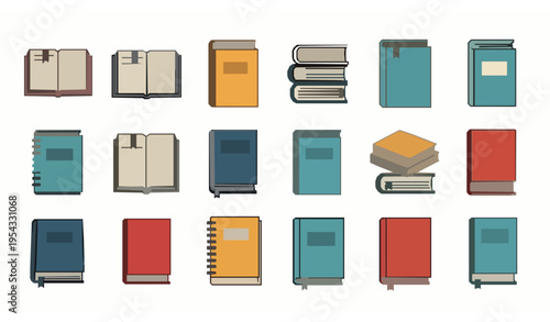 Book icon set with open and closed textbooks in clean flat vector style isolated on white background