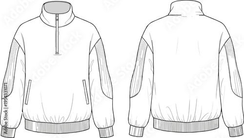Mens quarter zip pullover sweatshirt technical sketch with panels front and back view mockup casual long sleeve apparel vector