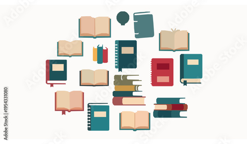 Colorful book and textbook icon set with playful literature symbols in flat vector style isolated on white background