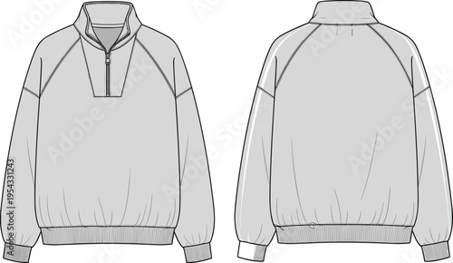 Mens quarter zip pullover sweatshirt technical outline front and back view mockup casual long sleeve apparel vector illustration template