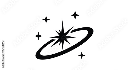 Black vector graphic illustration depicting a dynamic shining star surrounded by a swirling orbital ring and four small sparkling elements