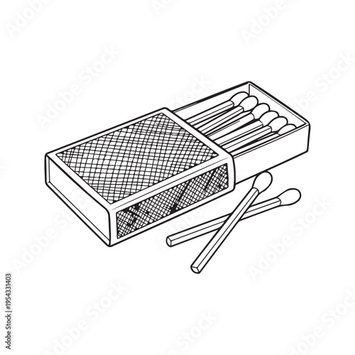 Open Matchbox with Wooden Matches Hand Drawn Vector Sketch Illustration Black and White Line Art
