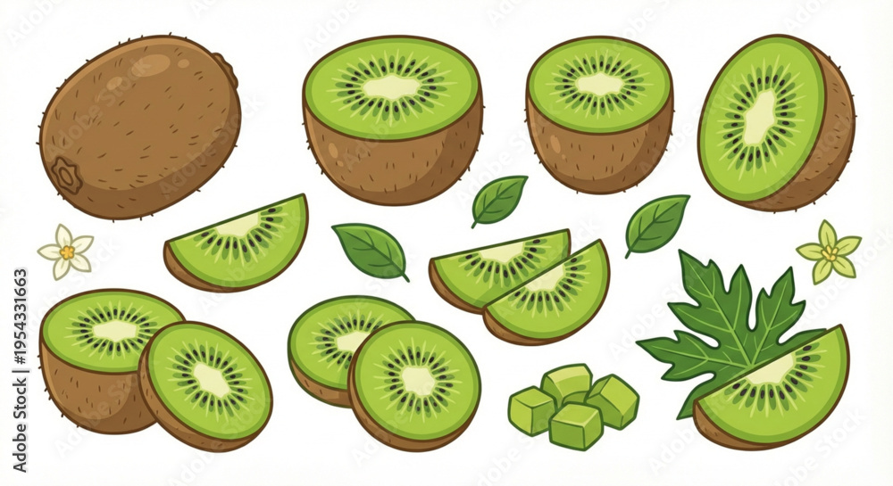 Fototapeta premium Fresh and Vibrant Kiwi Fruit Arrangement with Halves, Slices, Diced Chunks, and Green Leaves – Perfect for Healthy Eating and Sweet Treats