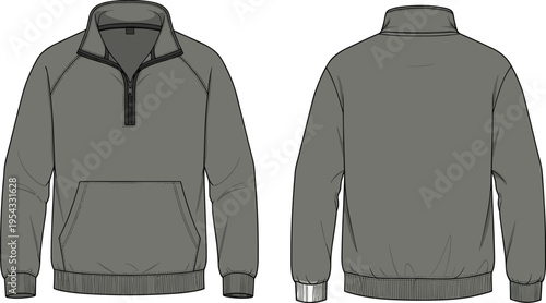 Mens quarter zip pullover sweatshirt front and back view mockup casual long sleeve hoodie apparel vector illustration isolated design template