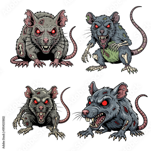 Zombie rat character set with red eyes and wounds vector illustration isolated on white background