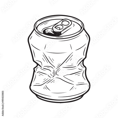 Crushed Dented Aluminum Soda Can Hand Drawn Vector Sketch Illustration Black and White Line Art
