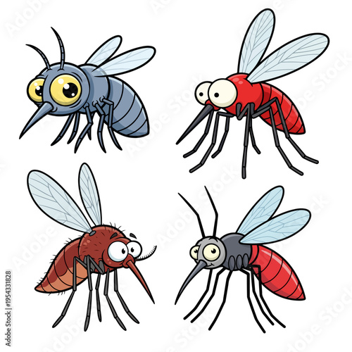 Cartoon Mosquito Character Collection with Different Colors and Expressions