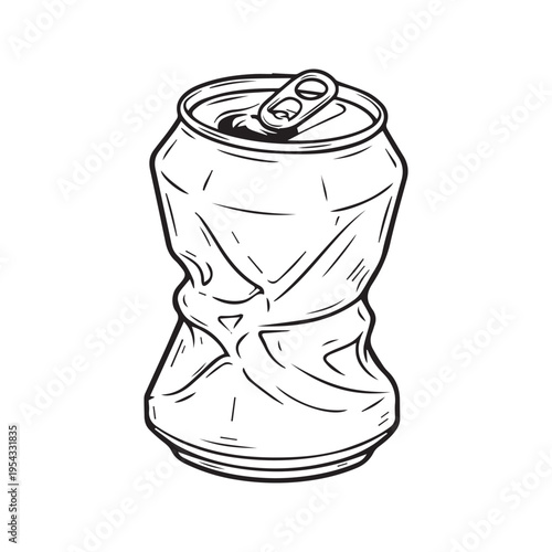 Crushed Dented Aluminum Soda Can Hand Drawn Vector Sketch Illustration Black and White Line Art
