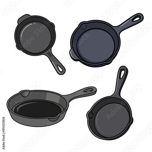 Cast Iron Skillet and Frying Pan Vector Collection for Kitchen and Cooking Design