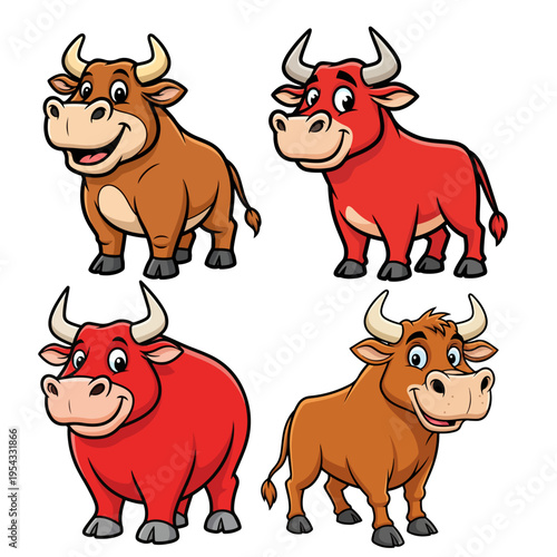 Cute Bull and Cow Cartoon Character Collection in Red and Brown Colors