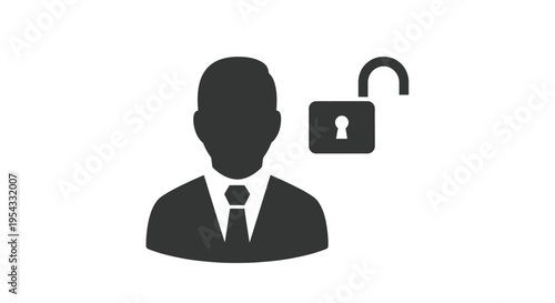Simple vector graphic illustration depicting an unlocked user profile icon next to a dark silhouette of a businessman figure