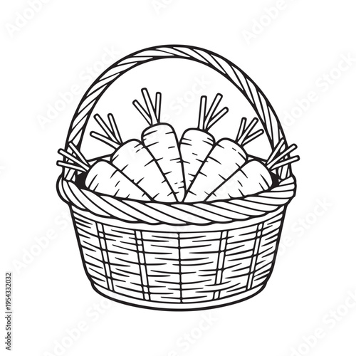 Wicker Basket Full of Fresh Carrots Outline Drawing Black and White Line Art Coloring Page Vector Illustration
