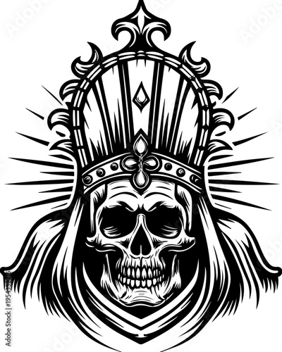 SVG mechanical skull mech tattoo design vector. Intricate Skull Design with Crown and Radiant Sunburst Pattern