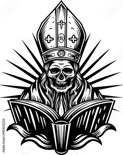 SVG mechanical skull mech tattoo design vector. Skull Pope Emblem with Book and Radiant Background Design