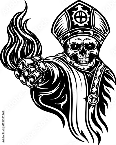 SVG mechanical skull mech tattoo design vector. Sinister Skull Figure with Flame in Pope Costume Illustration