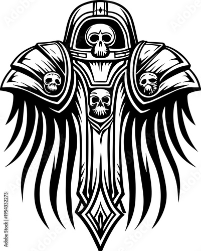 SVG mechanical skull mech tattoo design vector. Intricate Gothic Armor Design with Skull Accents and Wing Motif