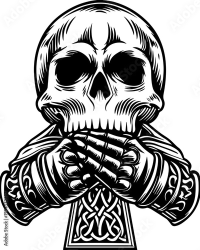 SVG mechanical skull mech tattoo design vector. Intricate Skull Design with Gloved Hands and Celtic Pattern