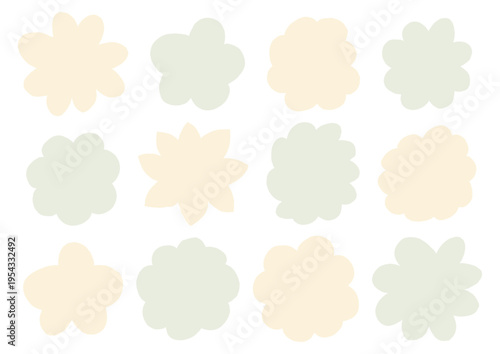 色々な花の形をしたゆるい手描きフレームのセット（黄色・緑）