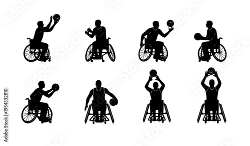 Wheelchair basketball silhouettes vector set of athletes shooting passing dribbling and ball handling for inclusive sports
