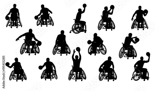 Wheelchair basketball action silhouettes vector set of inclusive athletes dribbling passing and shooting