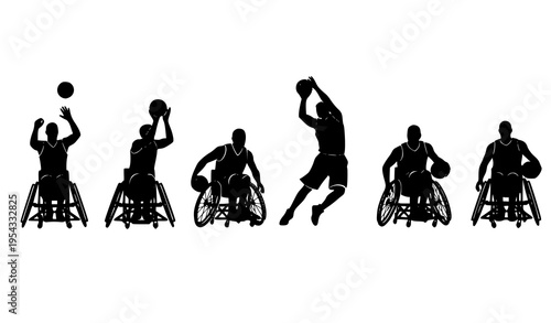 Inclusive wheelchair basketball players vector illustration in action silhouettes dribbling shooting and passing