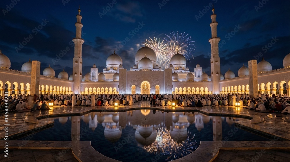 Fototapeta premium Celebration Eid at Grand Mosque with Fireworks and Reflective Pool. A cinematic night landscape of the Sheikh Zayed Grand Mosque in Abu Dhabi, featuring thousands of people gathered for Eid.