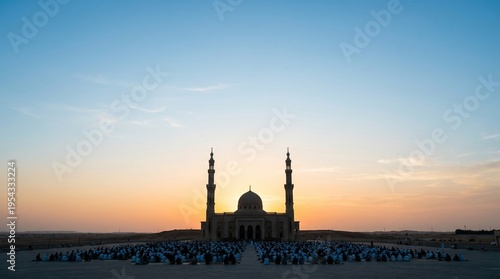 Eid Morning Prayer Gathering at Grand Mosque at Sunrise. A cinematic wide angle shot of a large congregation of people performing morning prayers in a grand mosque courtyard at dawn, with the mosque.