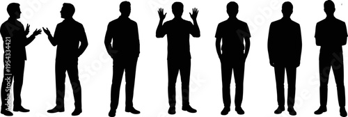 Men silhouettes standing and talking in different poses isolated on white background, casual male people collection, flat vector illustration