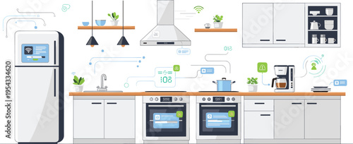 Smart kitchen interior vector illustration with connected appliances smart refrigerator oven coffee maker and digital automation control interface