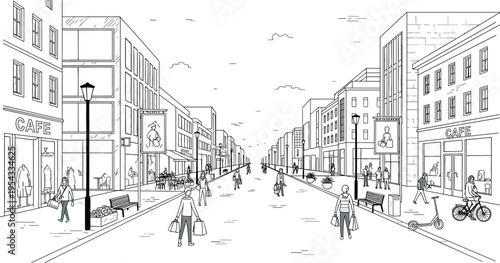 City street line art vector featuring people shopping walking and cycling past cafes and retail stores in urban landscape