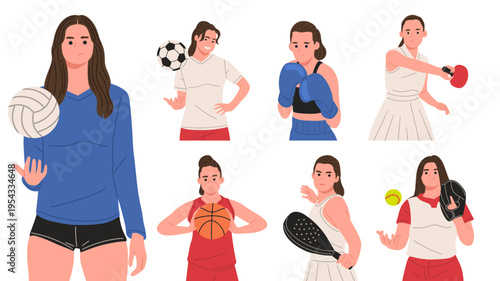 Flat vector illustration set of female athletes playing different sports. Modern minimal style with strong women characters, ideal for sports campaigns, fitness concepts, empowerment themes, posters