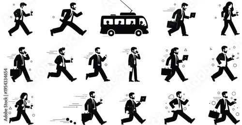 Business people silhouettes vector set with office workers running to catch bus for morning commute and urban lifestyle