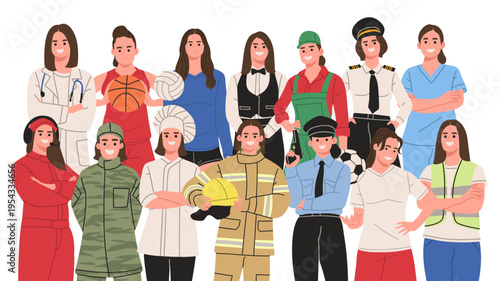 Flat vector illustration of diverse people in different professions. Modern minimal style with friendly characters, ideal for career concepts, teamwork, recruitment, education, and social media visual