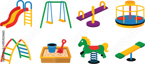 Colorful playground equipment icons set arranged in two rows featuring slides swings seesaw climbing frames and fun outdoor play elements