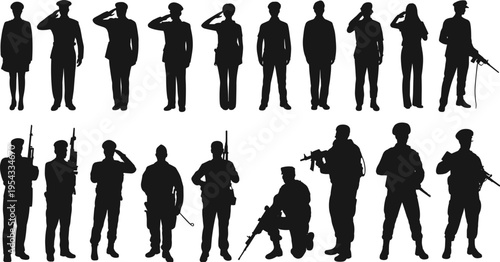 Military soldiers silhouette set army personnel standing salute combat weapon poses isolated black defense forces figures flat vector illustration