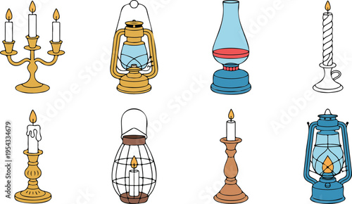 Vintage lighting collection featuring candlesticks lanterns and single candle in classic antique style for decorative illustration design