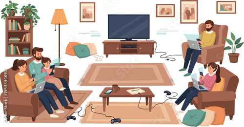 Family in living room using multiple digital devices including laptops smartphones and tablets for work and home entertainment