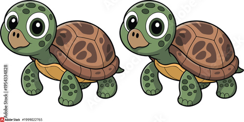 Two adorable cartoon turtles with green bodies and brown shells cute animal characters for kids illustration isolated design