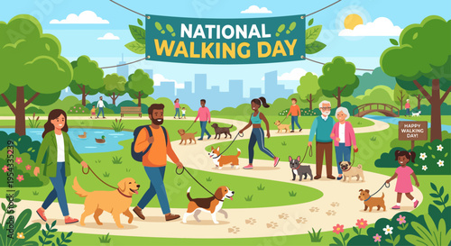 People walking dogs in a park on National Walking Day with trees and a pond