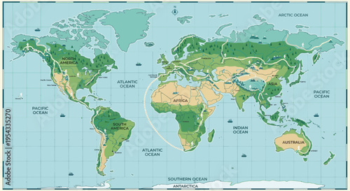 A world map illustrating continents, countries, and oceans with green and yellow hues.