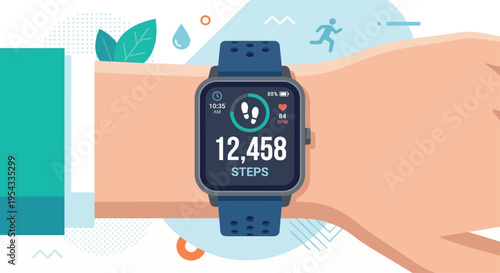 A person wearing a smartwatch on their wrist displays fitness data during outdoor activities.