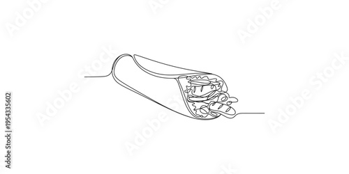 Drawing of a burrito with ingredients spilling out the end mexican food illustration line art