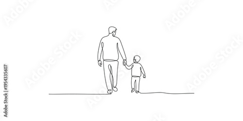 A father and child walking hand in hand in a simple line drawing style together